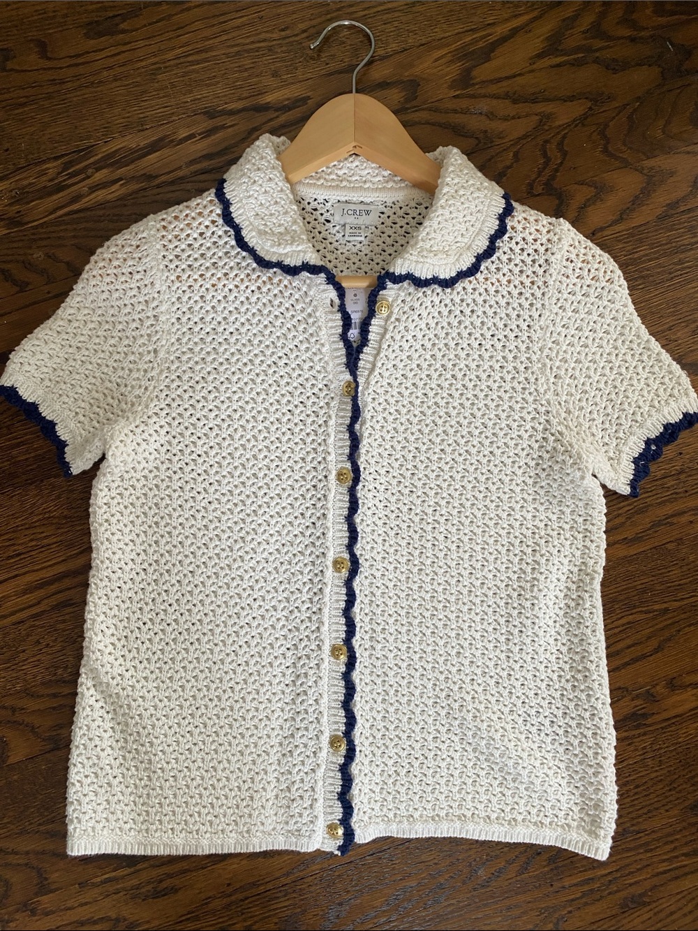 NWT J. Crew Cream Knit Short Sleeve Cardigan with Navy Trim Sz XXS
